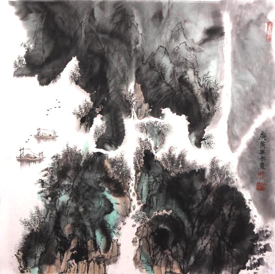 云山瀑布泛舟图