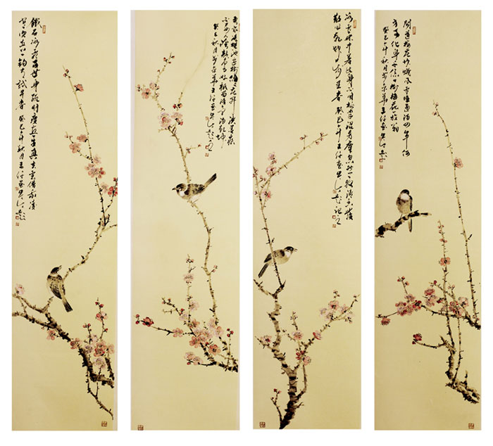 撞粉梅花四条屏