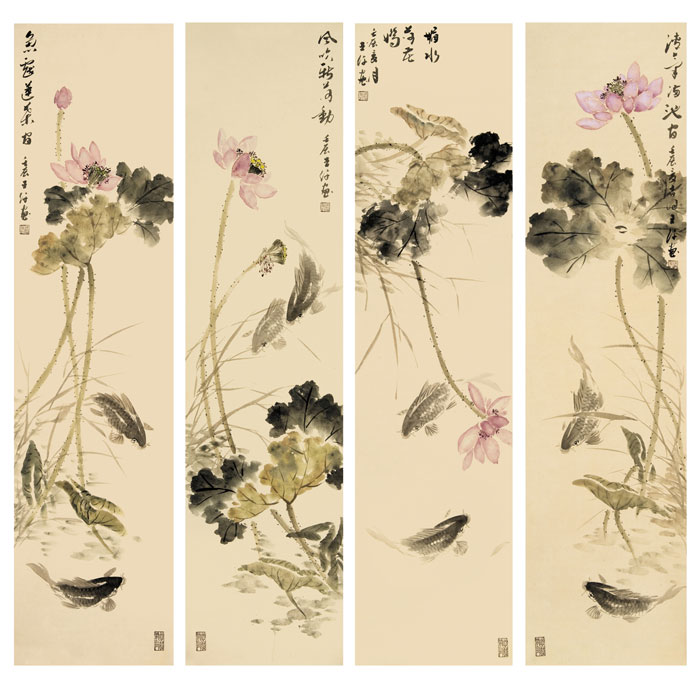 荷花四条屏